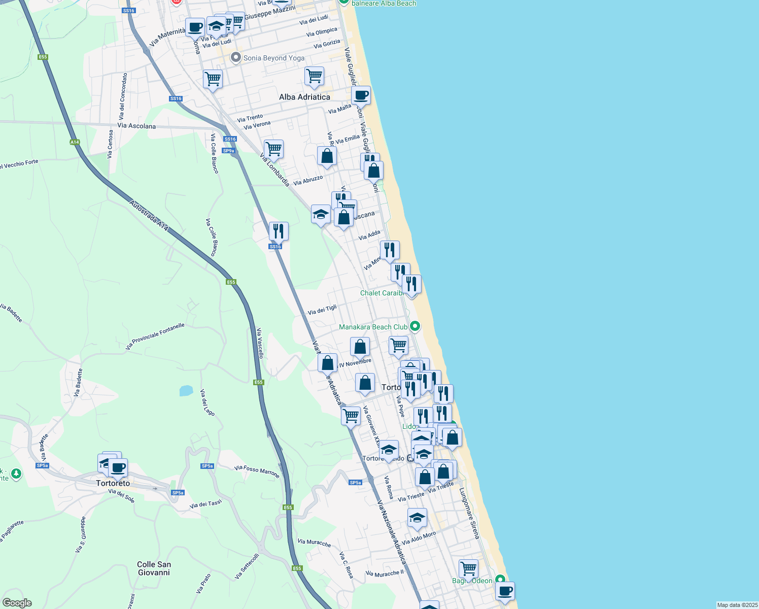 map of restaurants, bars, coffee shops, grocery stores, and more near 9 Via Aniene in Alba Adriatica