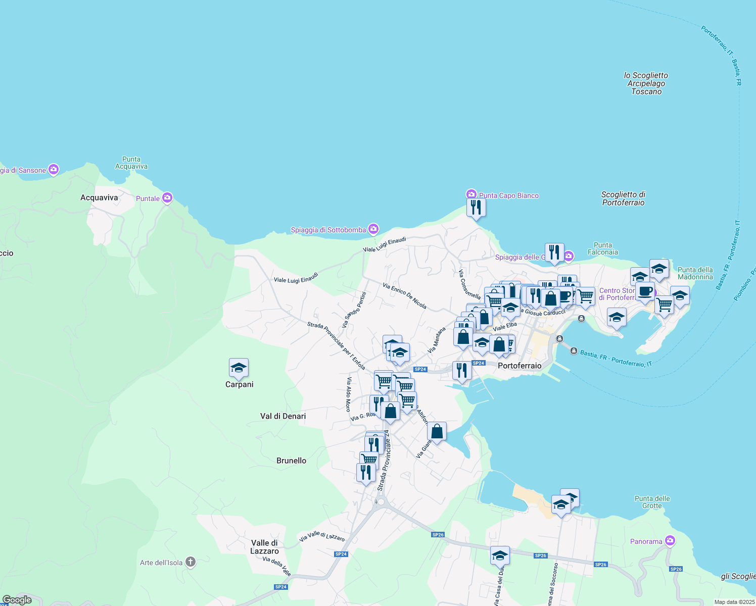 map of restaurants, bars, coffee shops, grocery stores, and more near 17 Via M.Tornaquinci in Portoferraio