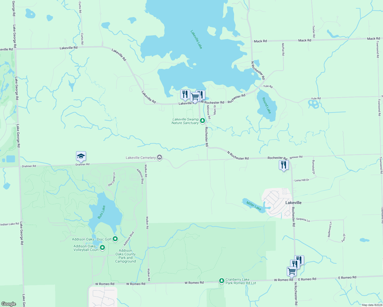 map of restaurants, bars, coffee shops, grocery stores, and more near 586 Drahner Road in Leonard