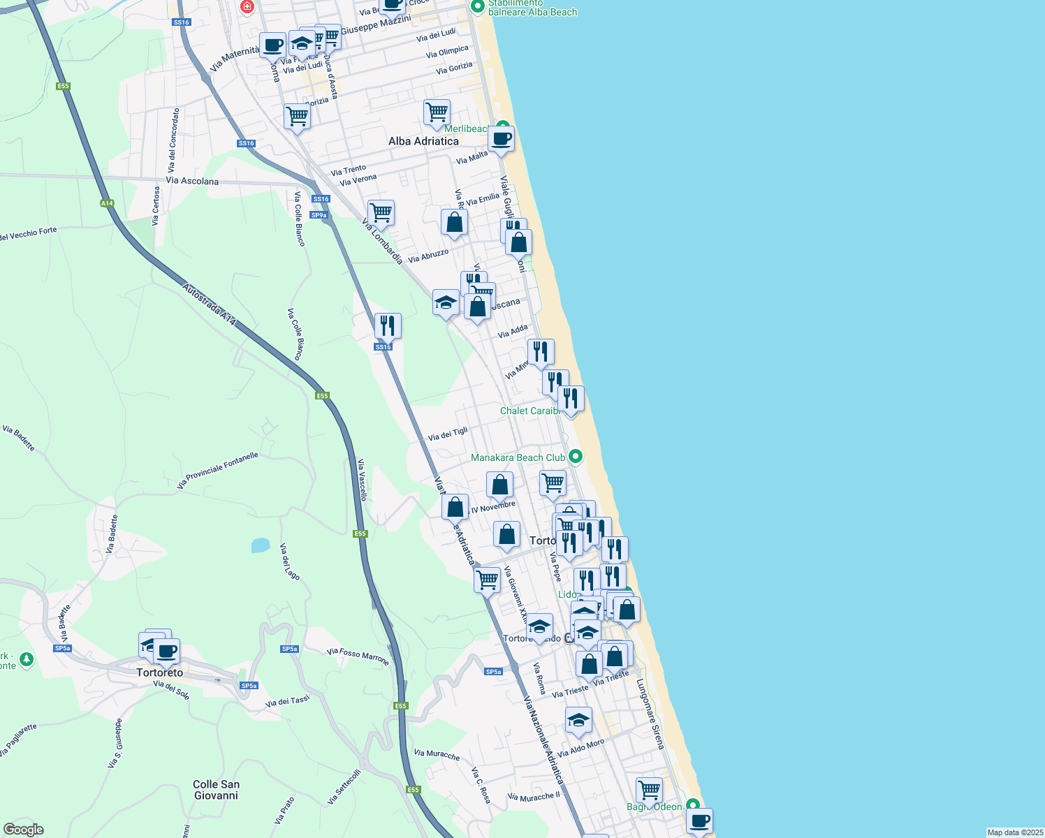 map of restaurants, bars, coffee shops, grocery stores, and more near 9 Via Aniene in Alba Adriatica