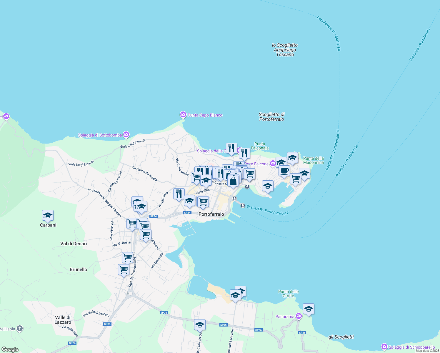 map of restaurants, bars, coffee shops, grocery stores, and more near 126 Via Giosuè Carducci in Portoferraio