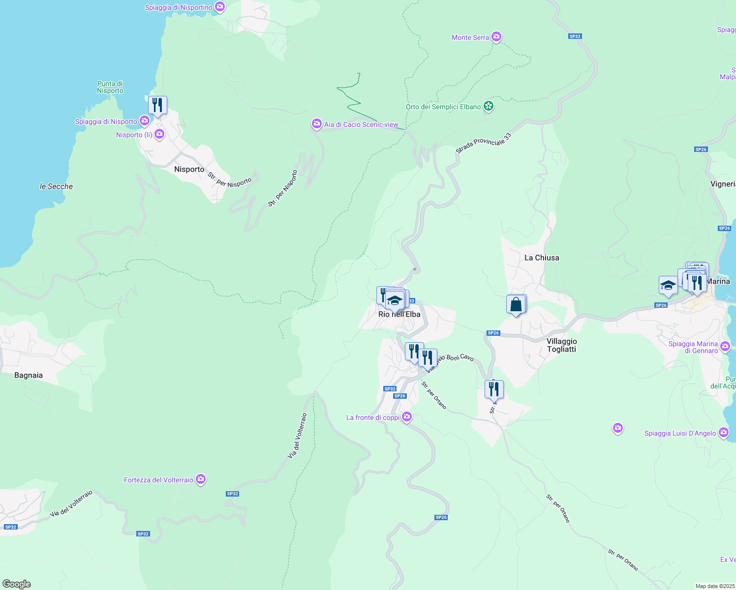 map of restaurants, bars, coffee shops, grocery stores, and more near 33 Via Solferino in Rio Nell'elba