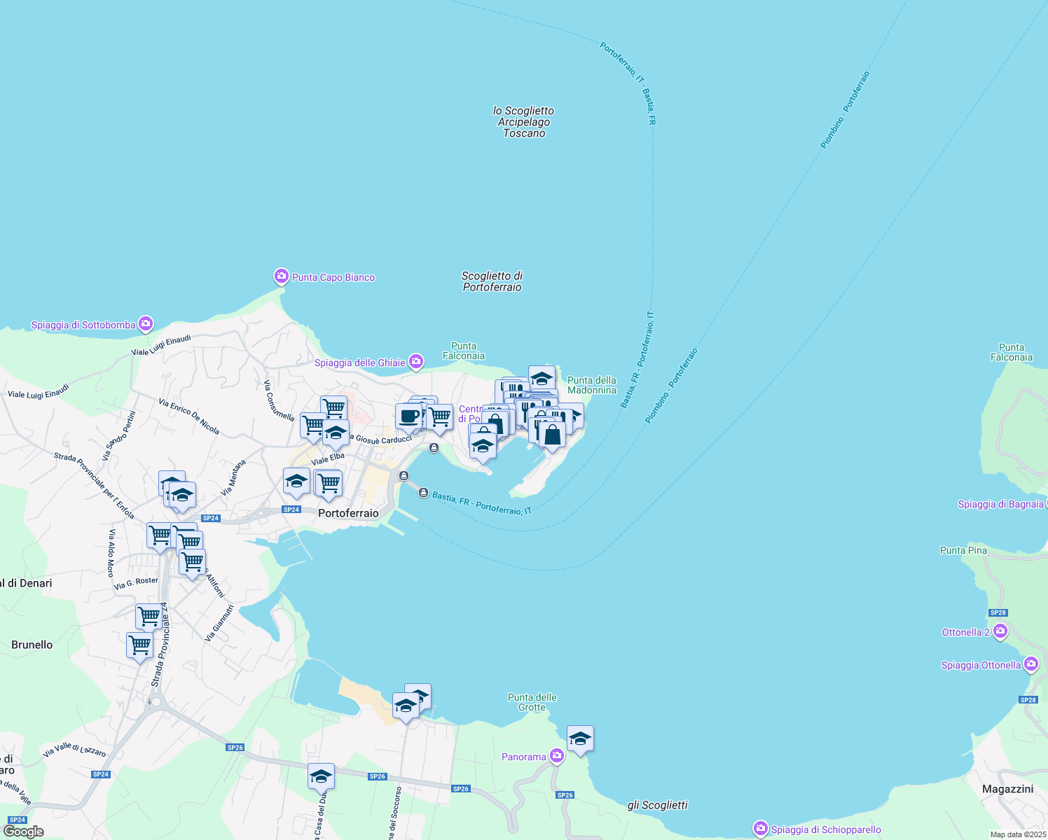 map of restaurants, bars, coffee shops, grocery stores, and more near Vicolo San Francesco in Portoferraio