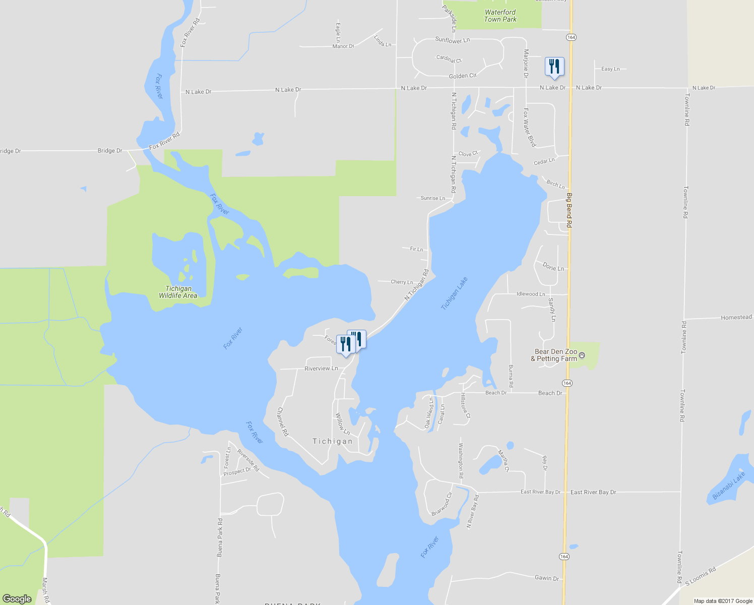 map of restaurants, bars, coffee shops, grocery stores, and more near 7110 North Tichigan Road in Waterford