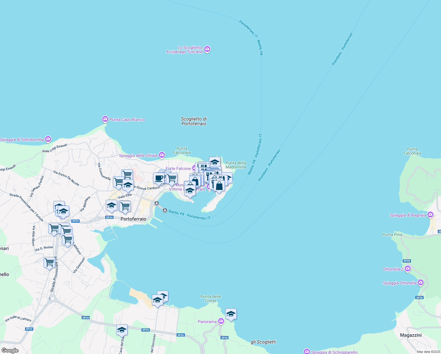 map of restaurants, bars, coffee shops, grocery stores, and more near 10 via Madama Letizia in Portoferraio