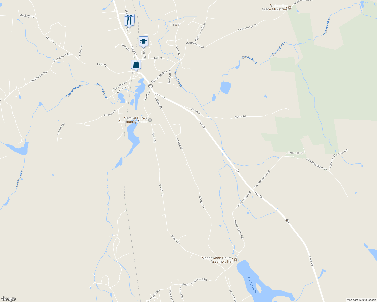 map of restaurants, bars, coffee shops, grocery stores, and more near 156 South Main Street in Troy