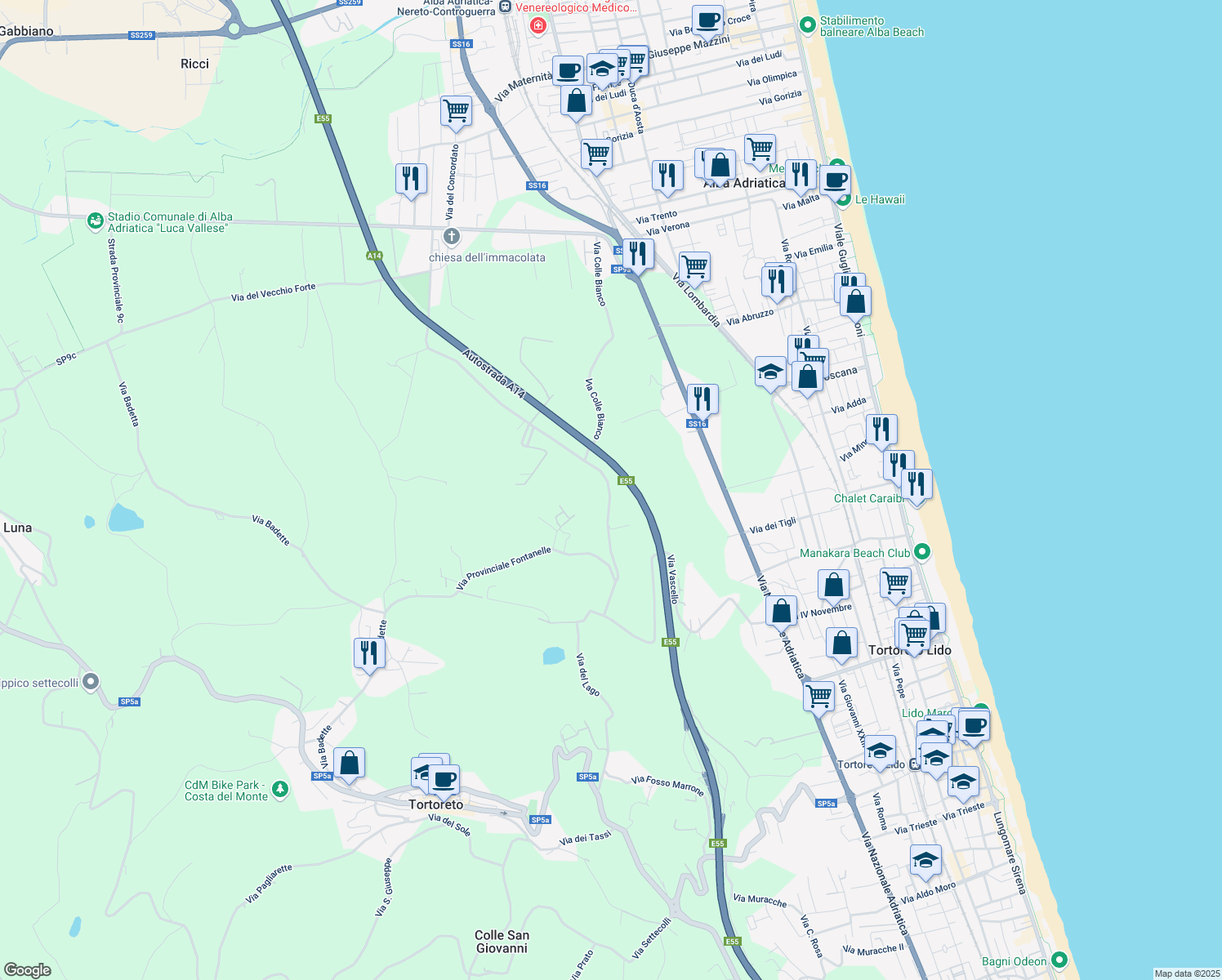 map of restaurants, bars, coffee shops, grocery stores, and more near 10 Via Colle Bianco in Provincia di Teramo