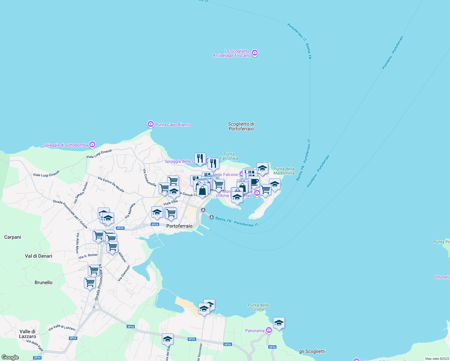 map of restaurants, bars, coffee shops, grocery stores, and more near 35 Via Giuseppe Ninci in Portoferraio