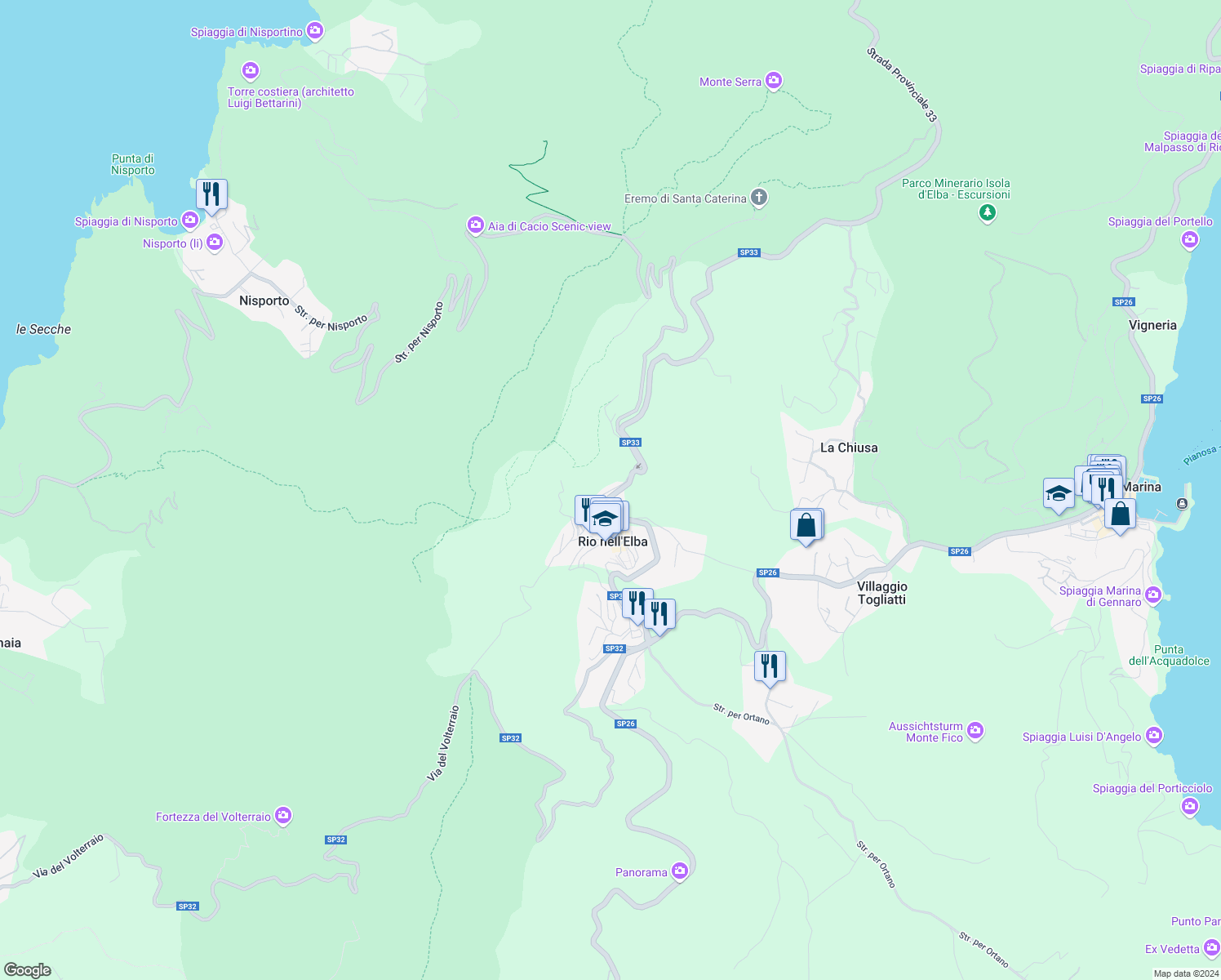 map of restaurants, bars, coffee shops, grocery stores, and more near 51 Via Nardelli in Rio Nell'elba