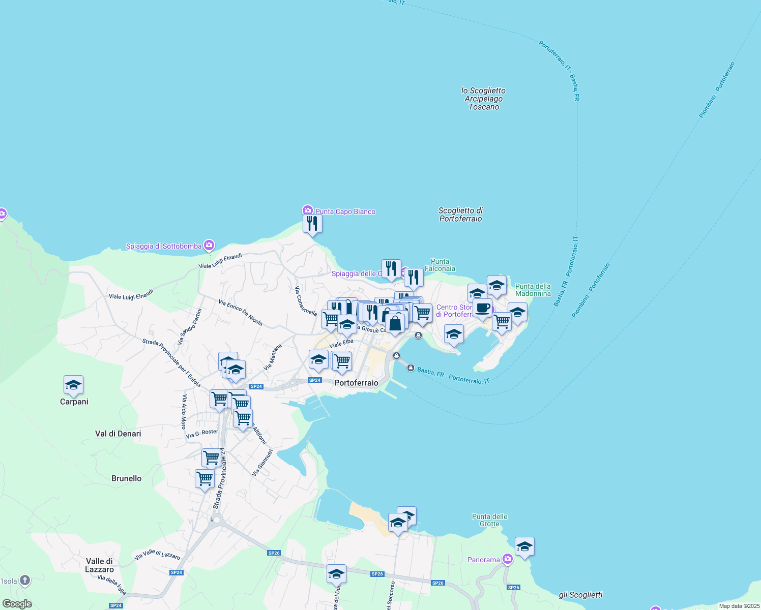 map of restaurants, bars, coffee shops, grocery stores, and more near 54 Via San Rocco in Portoferraio