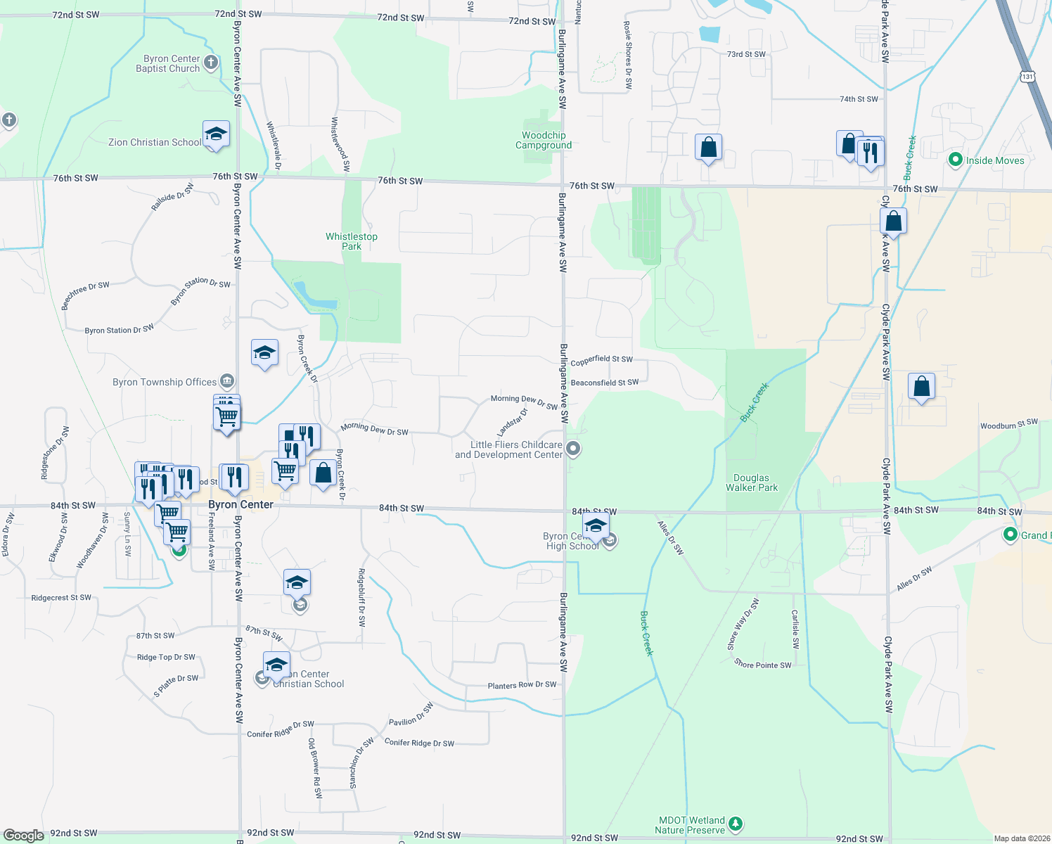 map of restaurants, bars, coffee shops, grocery stores, and more near 8158 Landstar Drive in Byron Center