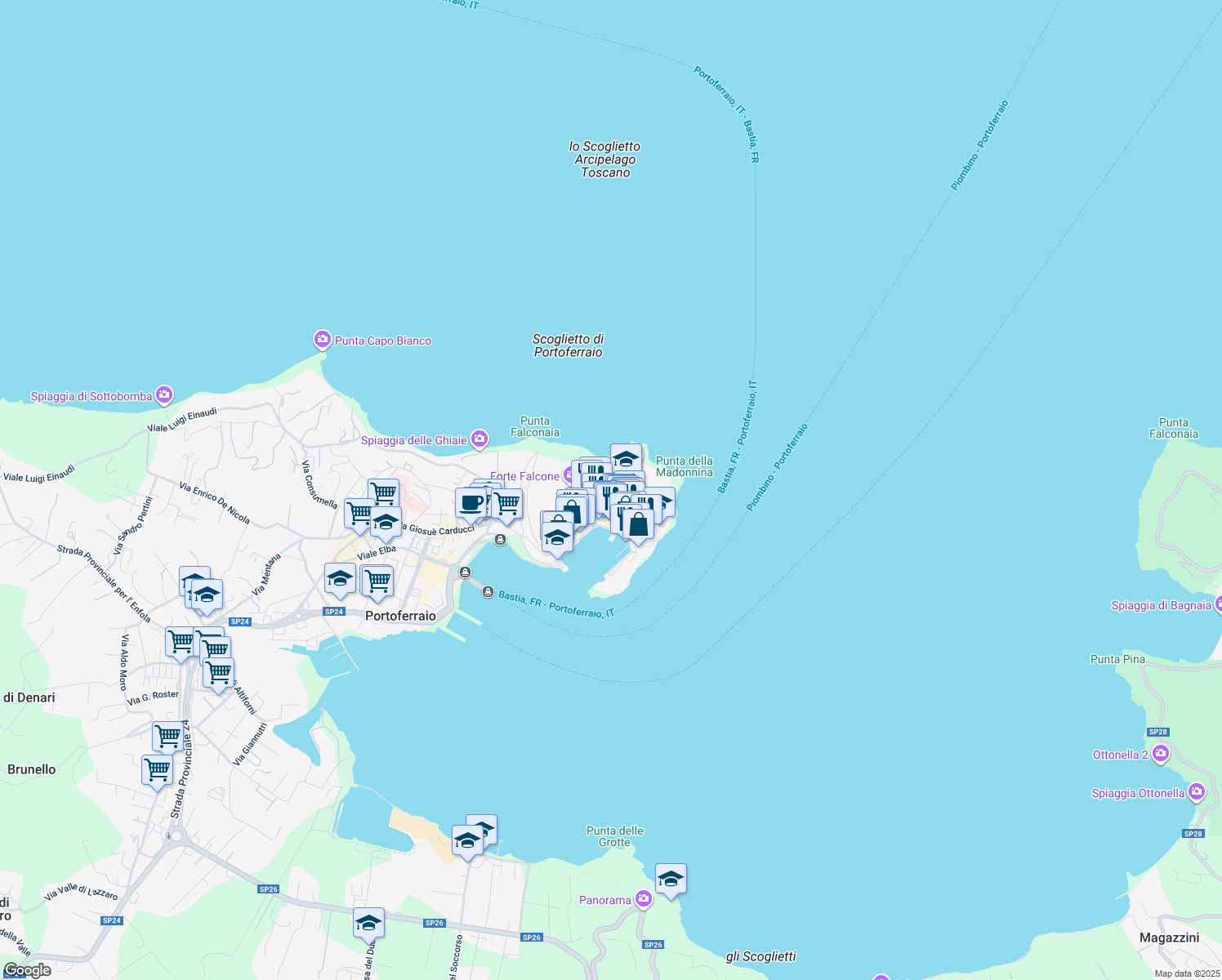 map of restaurants, bars, coffee shops, grocery stores, and more near Vicolo San Francesco in Portoferraio
