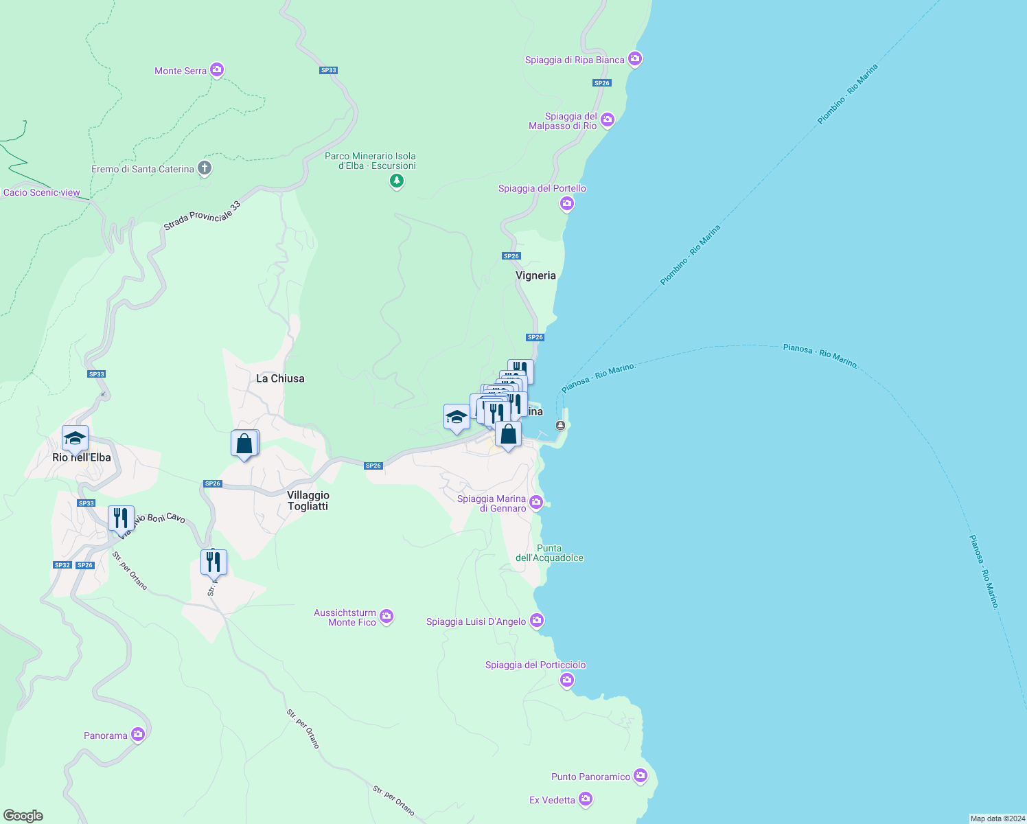 map of restaurants, bars, coffee shops, grocery stores, and more near 19 Via Roma in Rio Marina