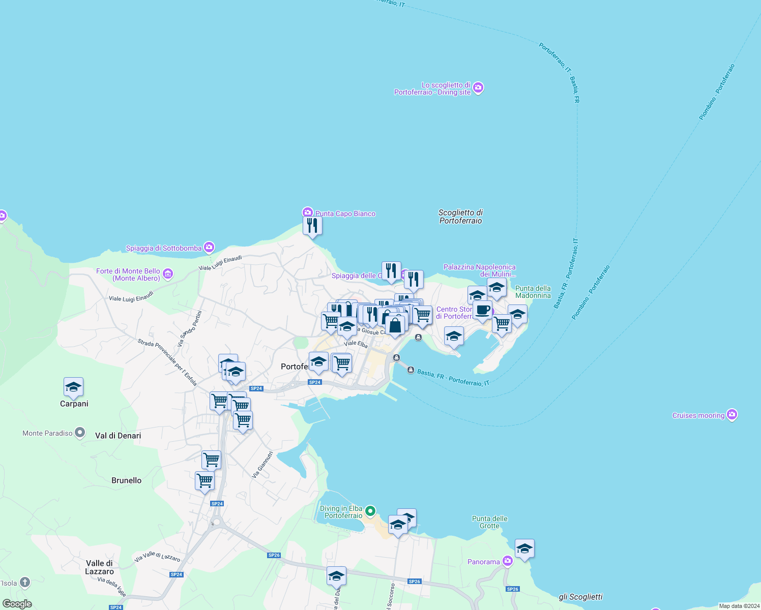 map of restaurants, bars, coffee shops, grocery stores, and more near 54 Via San Rocco in Portoferraio