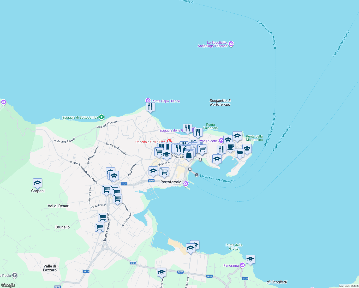 map of restaurants, bars, coffee shops, grocery stores, and more near 54 Via San Rocco in Portoferraio
