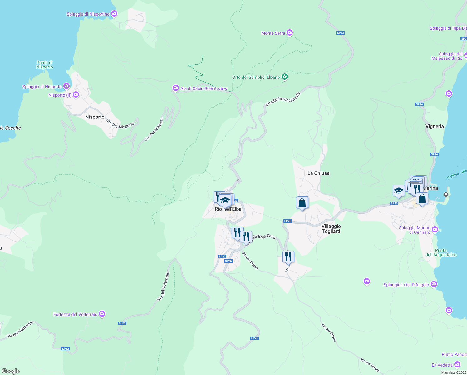 map of restaurants, bars, coffee shops, grocery stores, and more near Via Zimbelli in Livorno