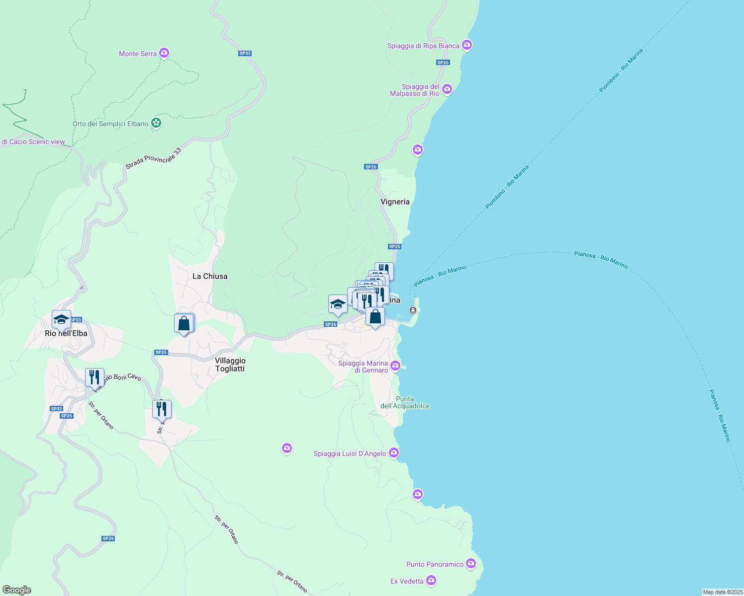 map of restaurants, bars, coffee shops, grocery stores, and more near 19 Via Roma in Rio Marina