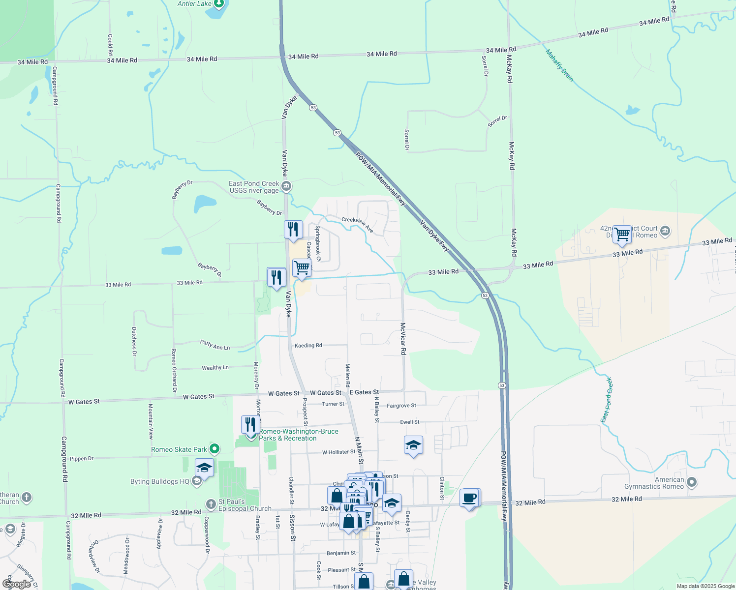 map of restaurants, bars, coffee shops, grocery stores, and more near 12451 Evline Drive in Romeo