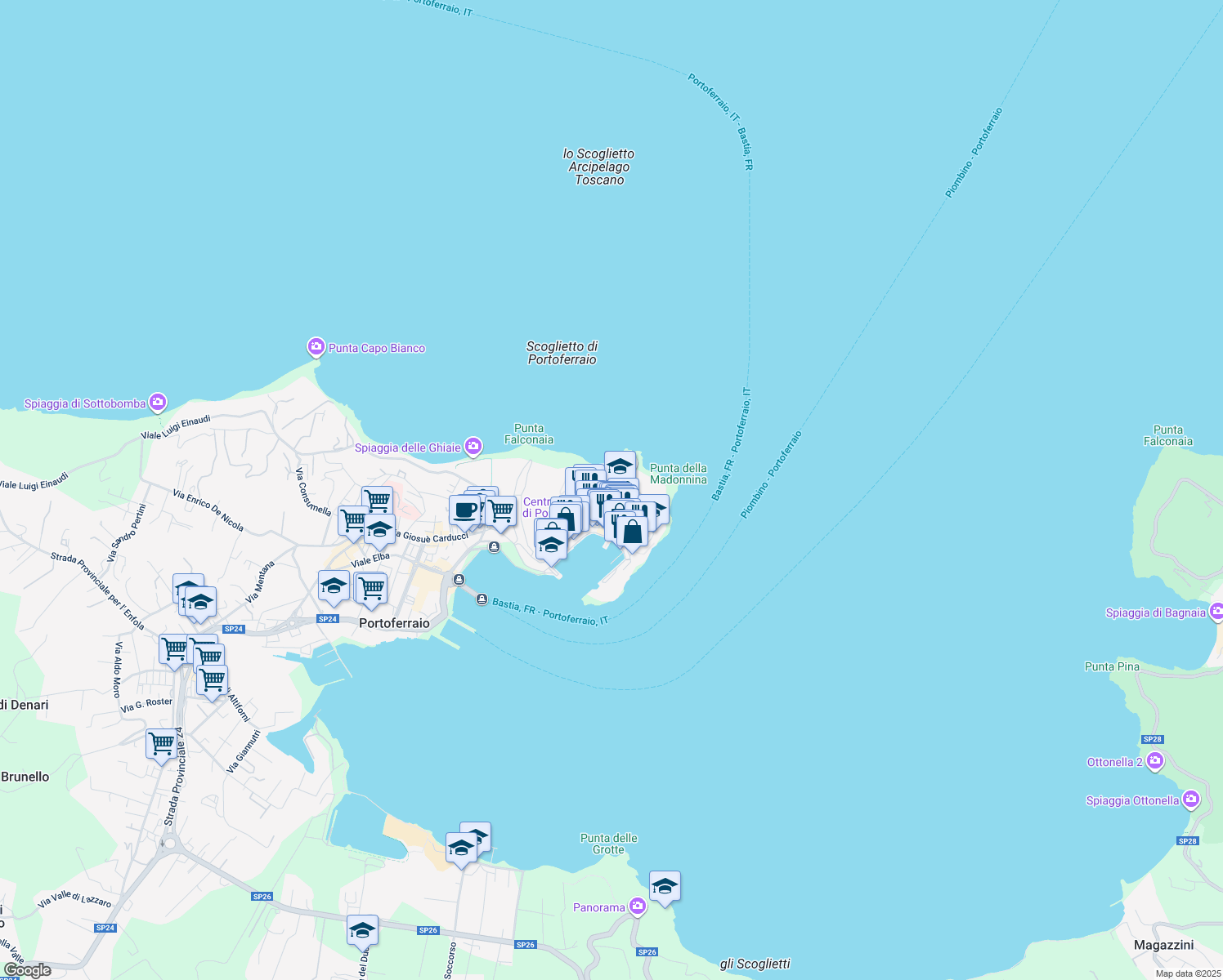 map of restaurants, bars, coffee shops, grocery stores, and more near Vicolo San Francesco in Portoferraio