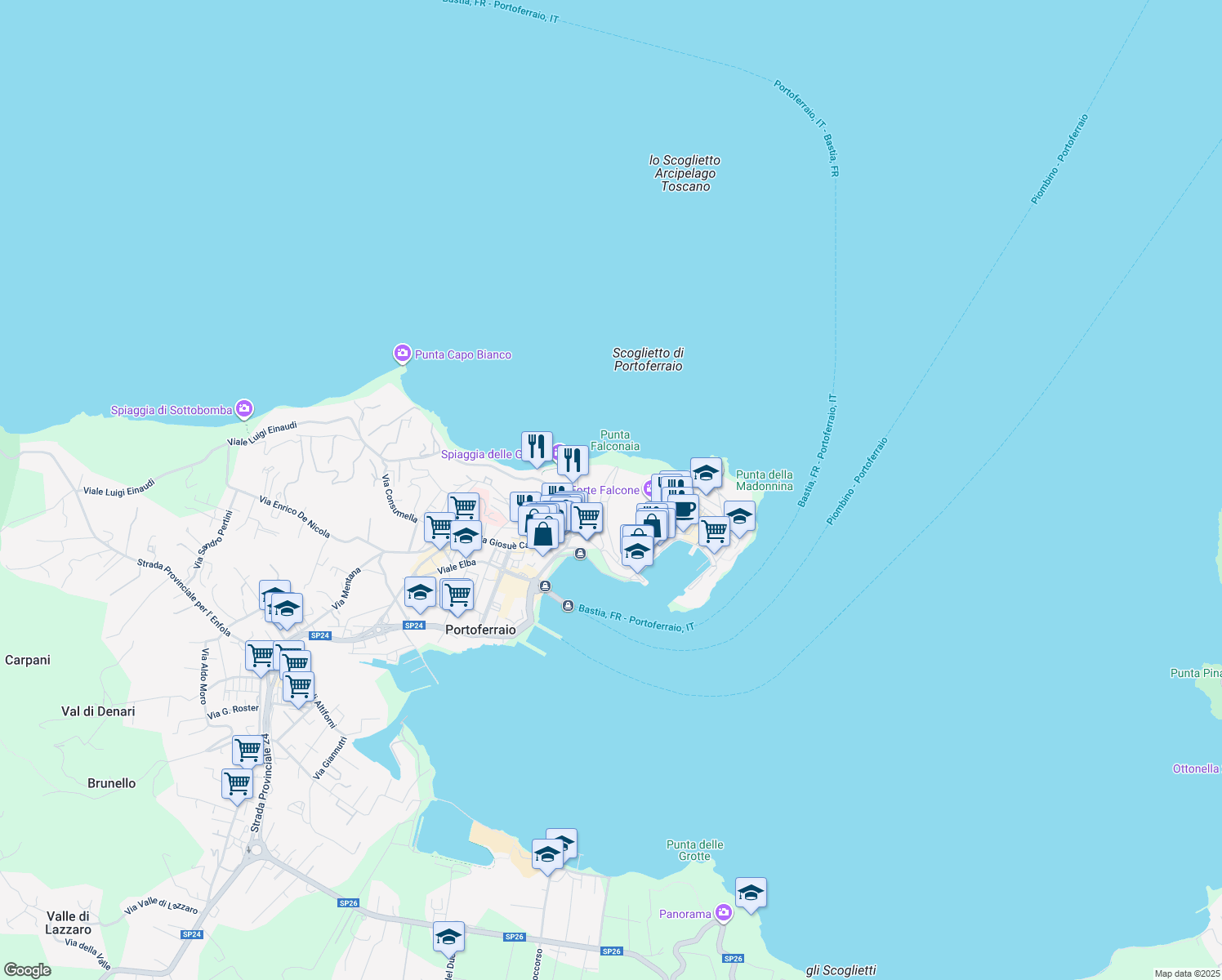 map of restaurants, bars, coffee shops, grocery stores, and more near 35 Via Giuseppe Ninci in Portoferraio