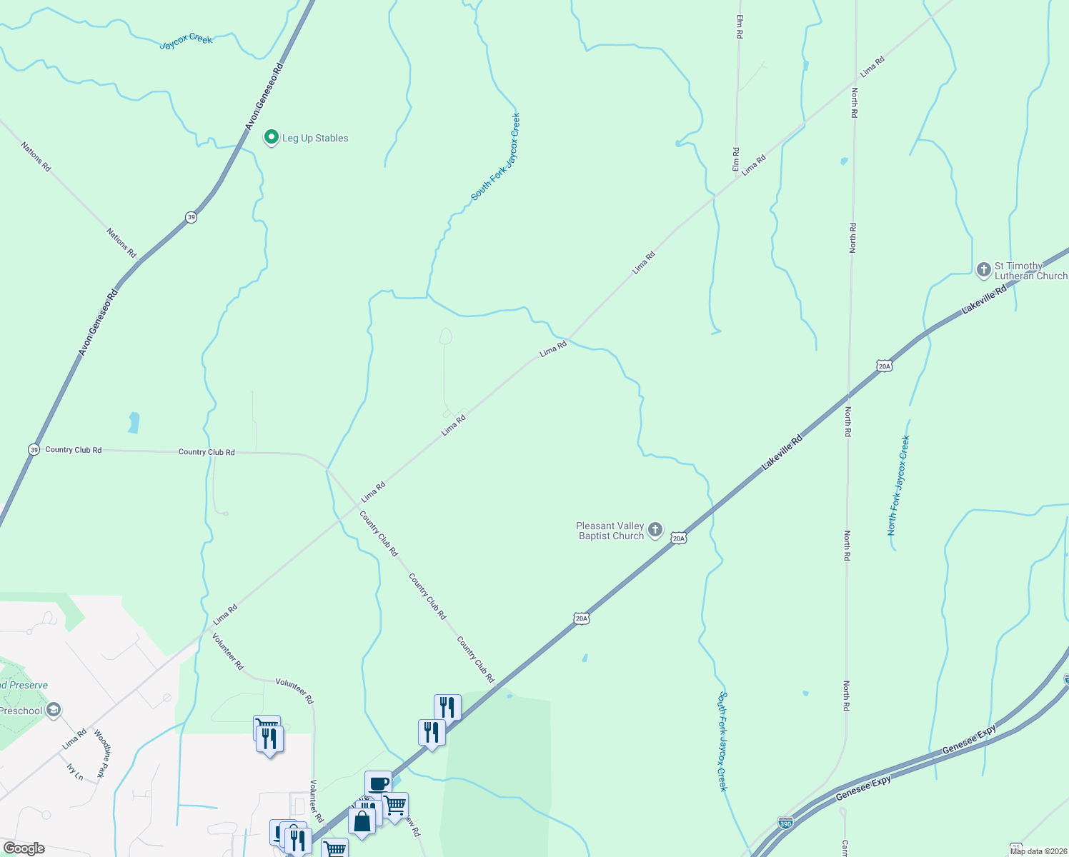 map of restaurants, bars, coffee shops, grocery stores, and more near 4498 Lima Rd in Geneseo