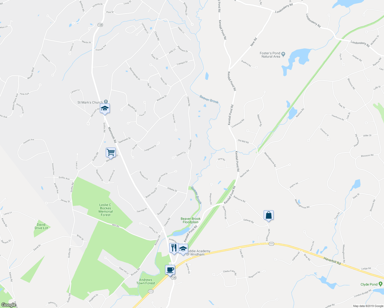 map of restaurants, bars, coffee shops, grocery stores, and more near 48 Chase Road in Londonderry