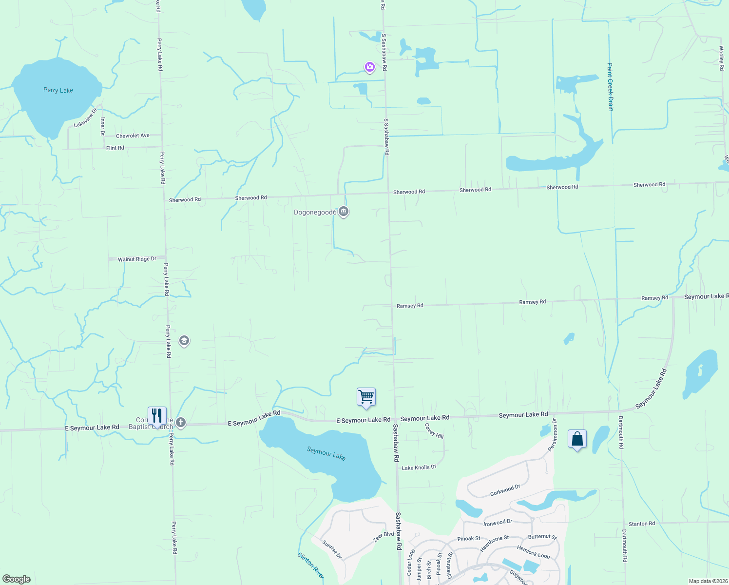 map of restaurants, bars, coffee shops, grocery stores, and more near 2390 South Sashabaw Road in Brandon Township