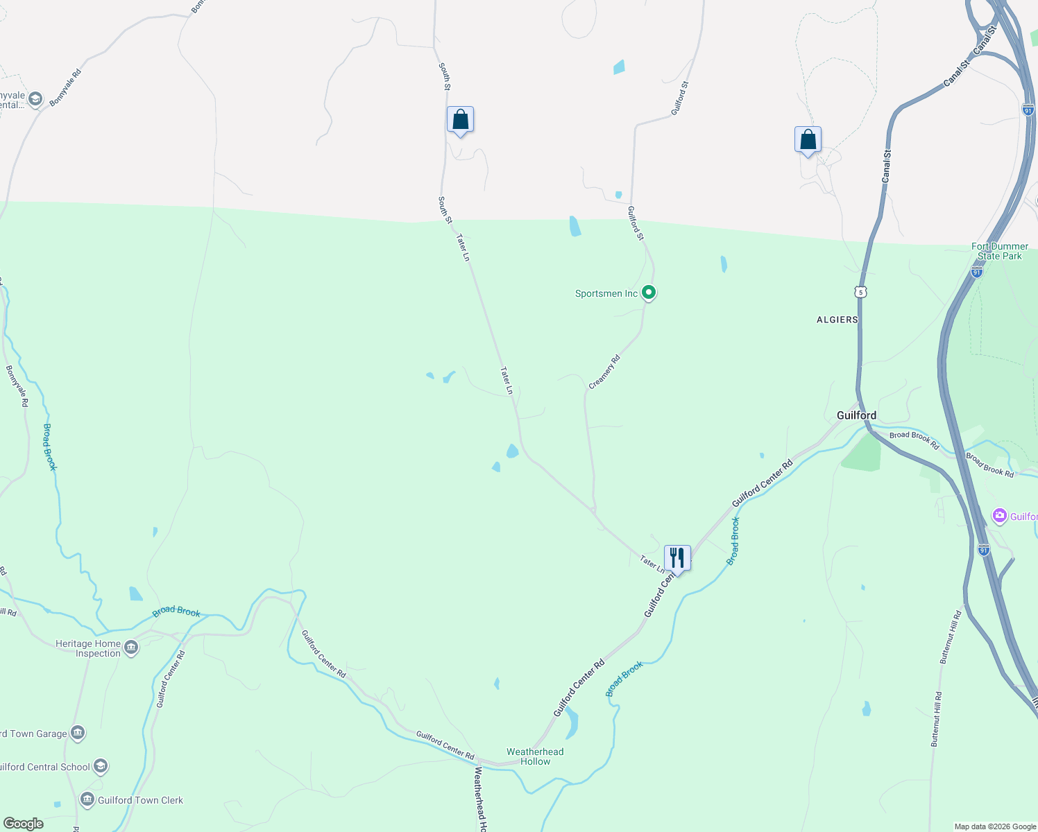 map of restaurants, bars, coffee shops, grocery stores, and more near 25 Allard Road in Guilford