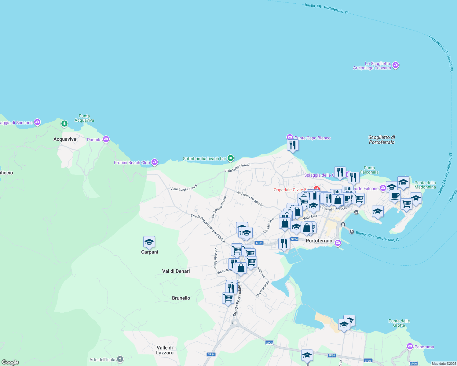 map of restaurants, bars, coffee shops, grocery stores, and more near 134 Via Enrico De Nicola in Portoferraio