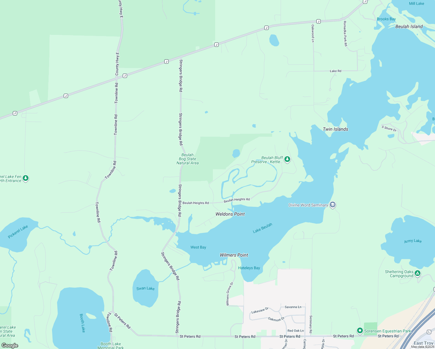 map of restaurants, bars, coffee shops, grocery stores, and more near N8998 Austin Road in East Troy