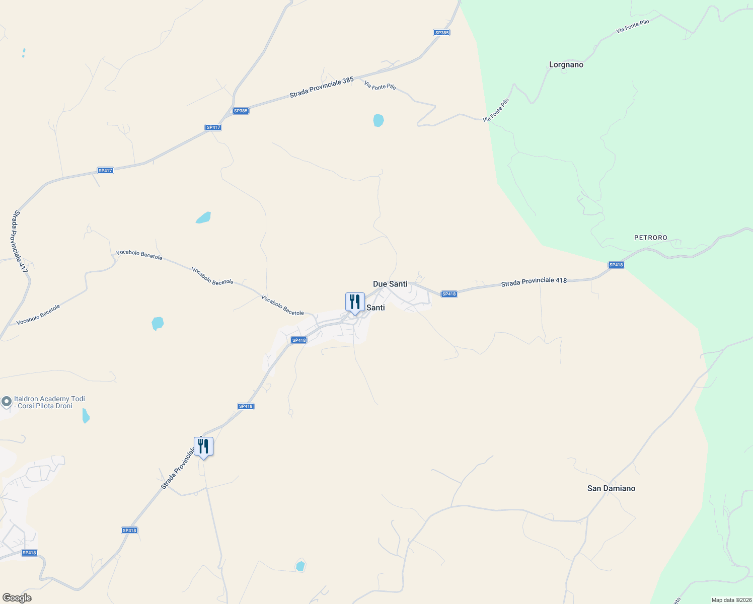 map of restaurants, bars, coffee shops, grocery stores, and more near 43 Vocabolo Santi Deu in Due Santi