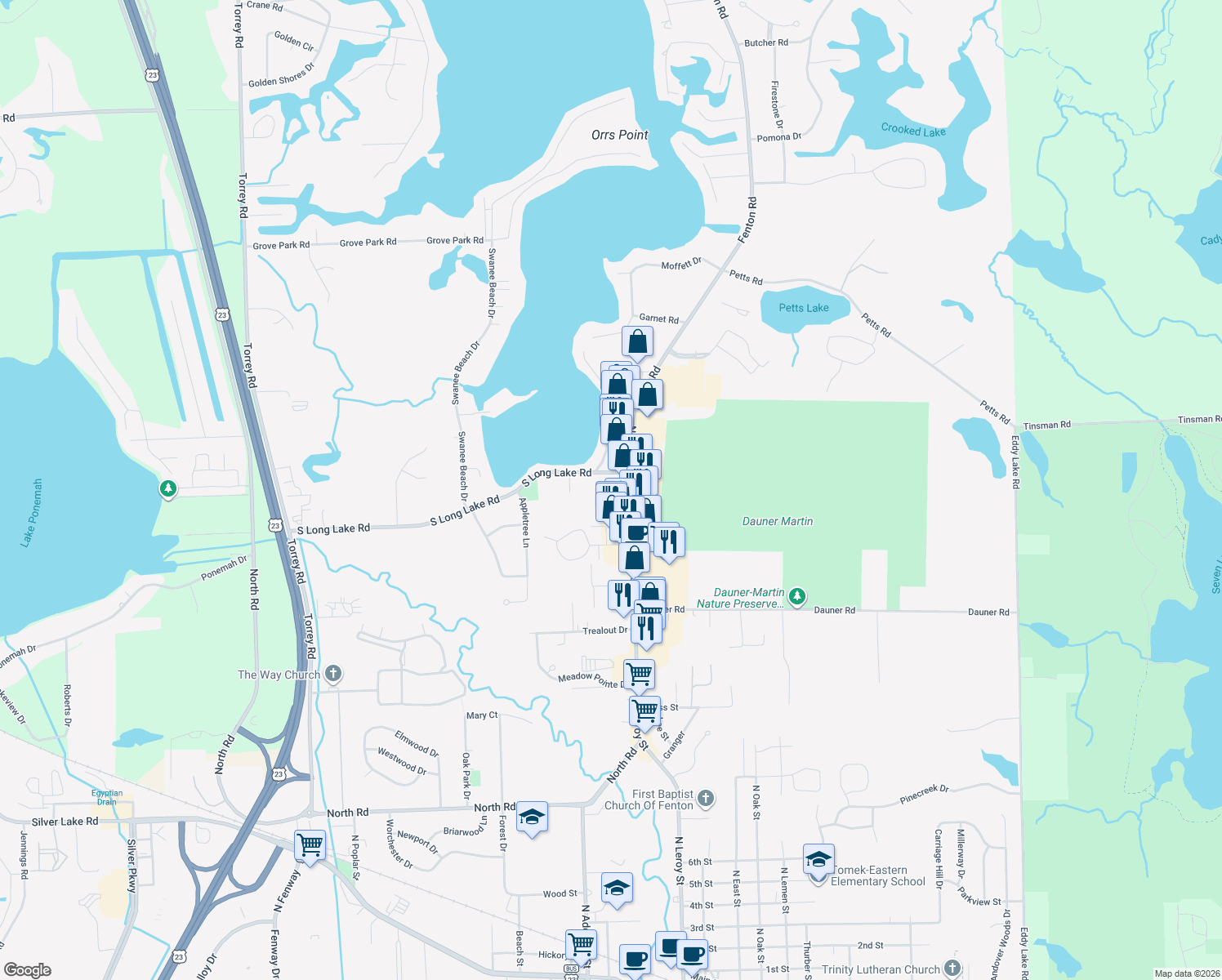 map of restaurants, bars, coffee shops, grocery stores, and more near 2033 South Long Lake Road in Fenton