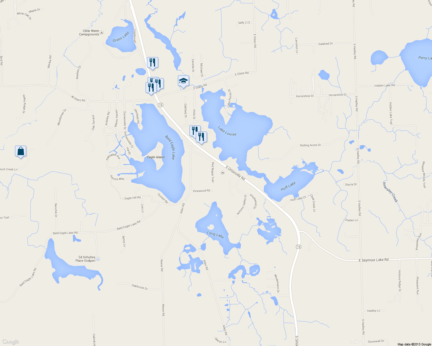 map of restaurants, bars, coffee shops, grocery stores, and more near 105 Red Maple Trail in Brandon Township