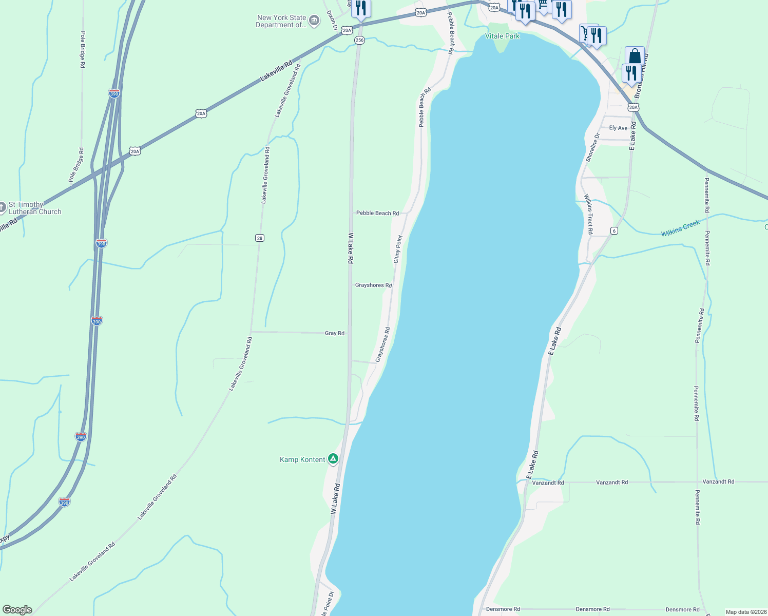 map of restaurants, bars, coffee shops, grocery stores, and more near 3853 Grayshores Rd in Geneseo