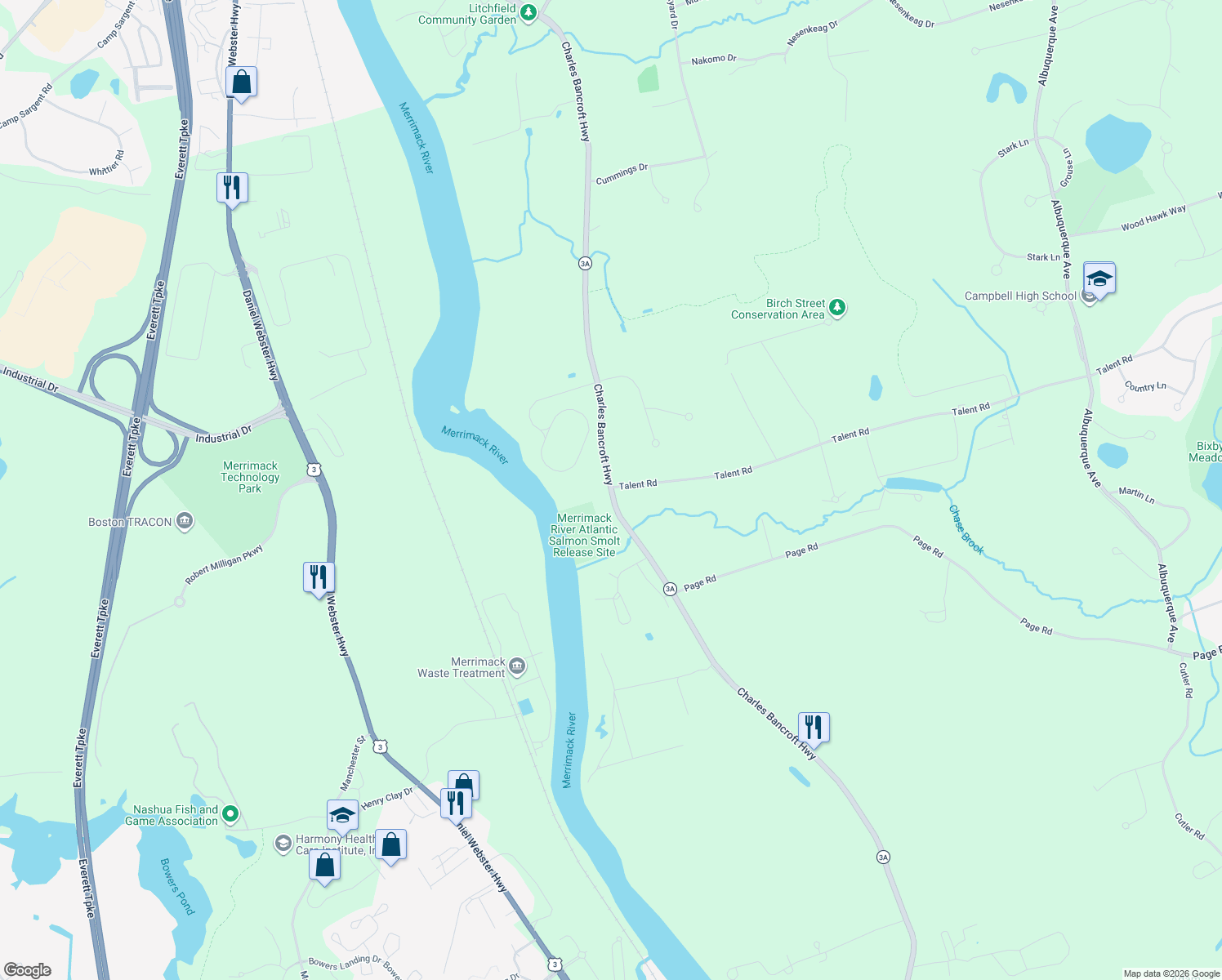 map of restaurants, bars, coffee shops, grocery stores, and more near 119 Charles Bancroft Hwy in Litchfield