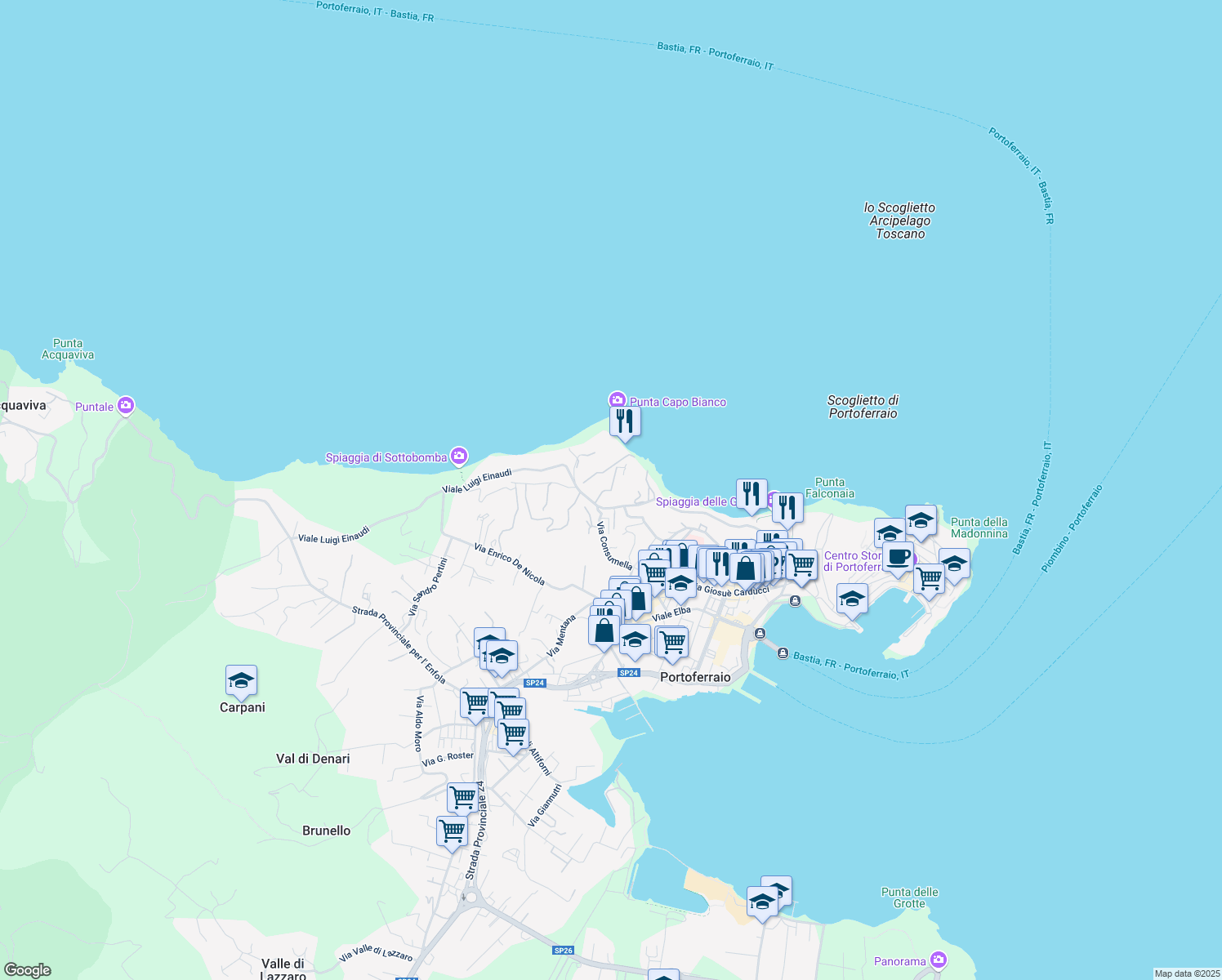 map of restaurants, bars, coffee shops, grocery stores, and more near 16 Viale Luigi Einaudi in Portoferraio