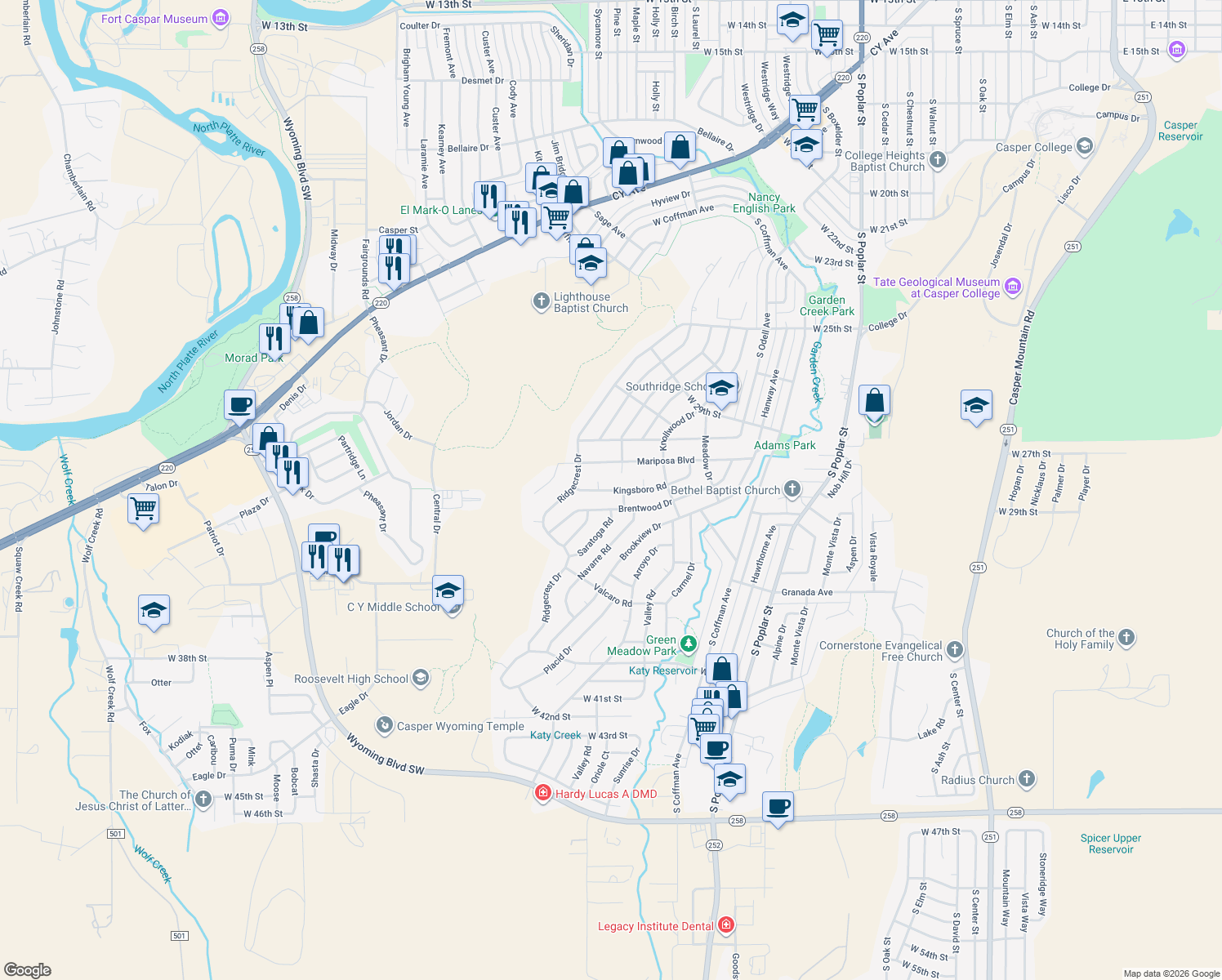 map of restaurants, bars, coffee shops, grocery stores, and more near 2150 Kingsboro Rd in Casper