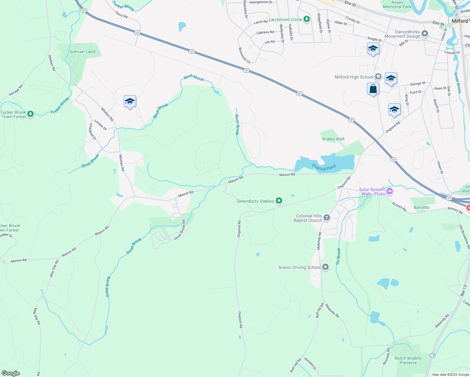 map of restaurants, bars, coffee shops, grocery stores, and more near 18 Burns Road in Milford