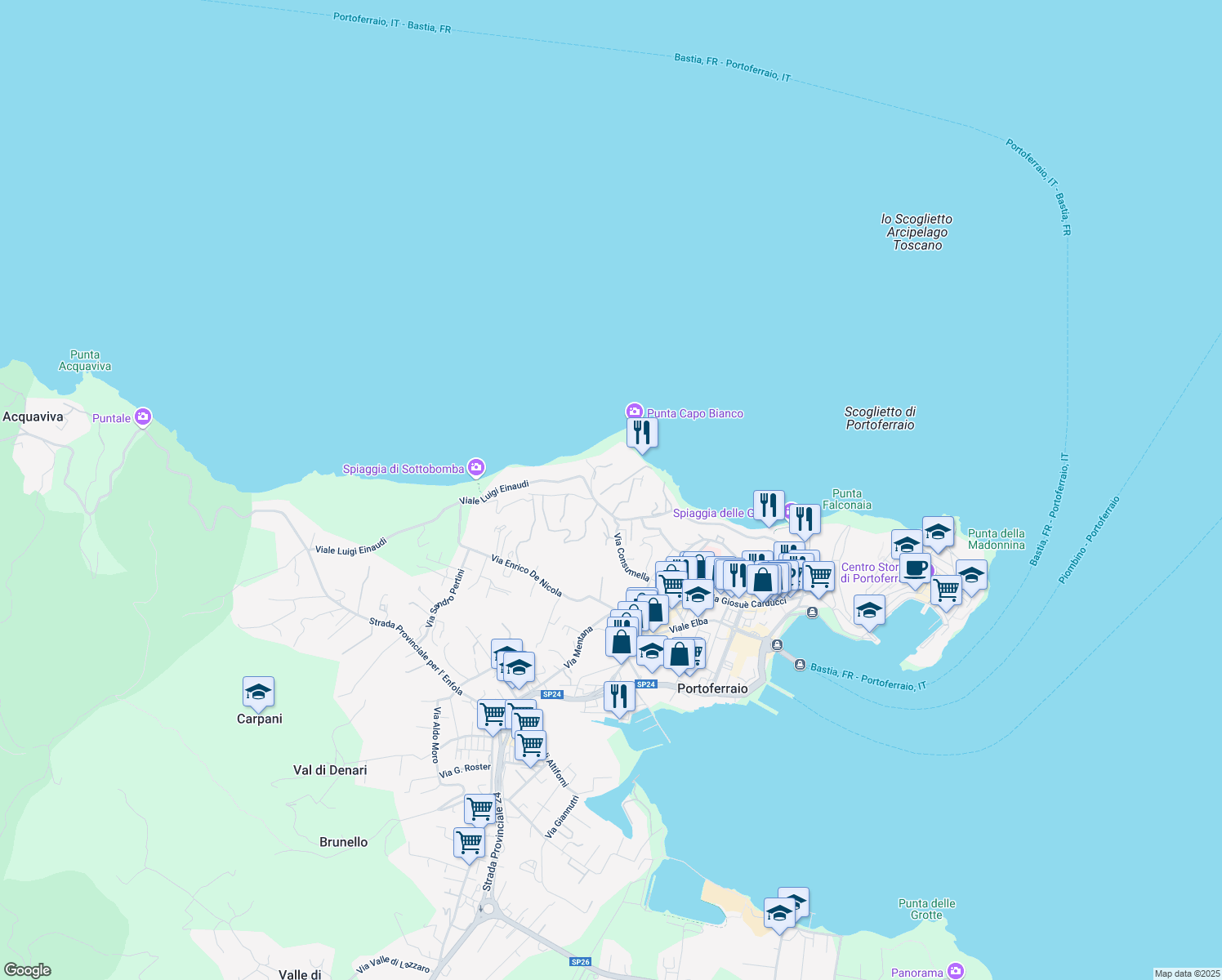 map of restaurants, bars, coffee shops, grocery stores, and more near 16 Viale Luigi Einaudi in Portoferraio