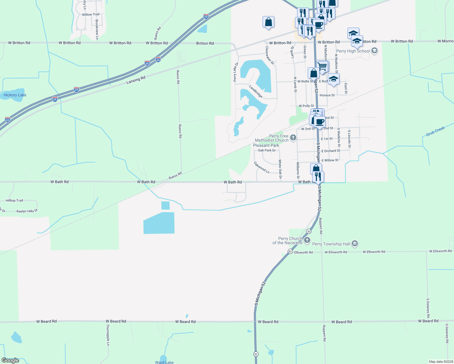 map of restaurants, bars, coffee shops, grocery stores, and more near Garden Lane in Perry
