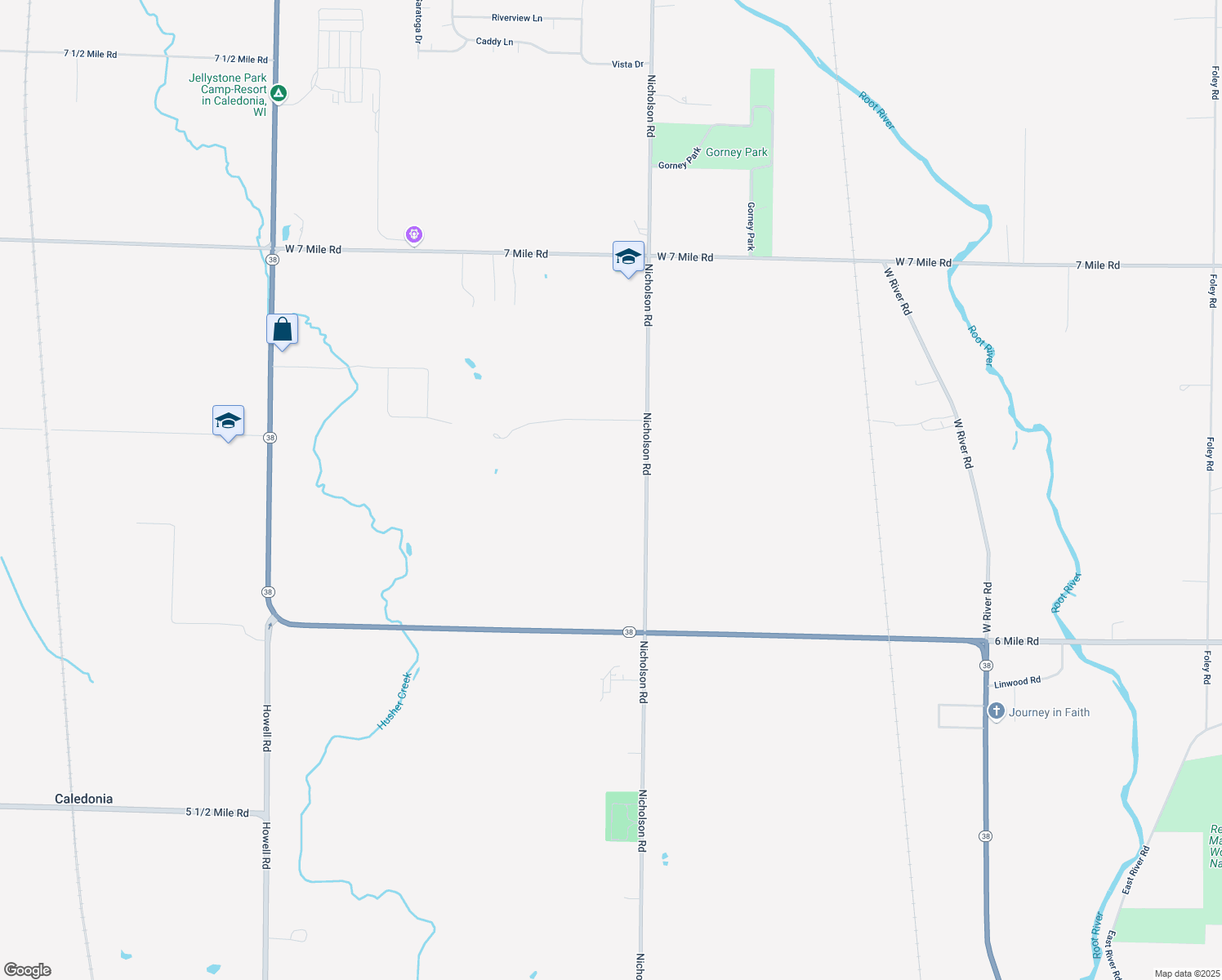 map of restaurants, bars, coffee shops, grocery stores, and more near 7360 Nicholson Road in Caledonia