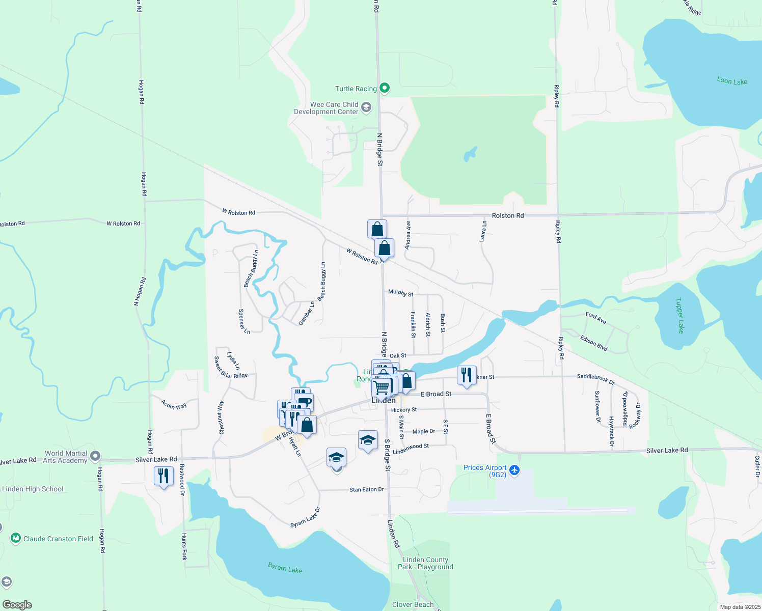 map of restaurants, bars, coffee shops, grocery stores, and more near 709 North Bridge Street in Linden