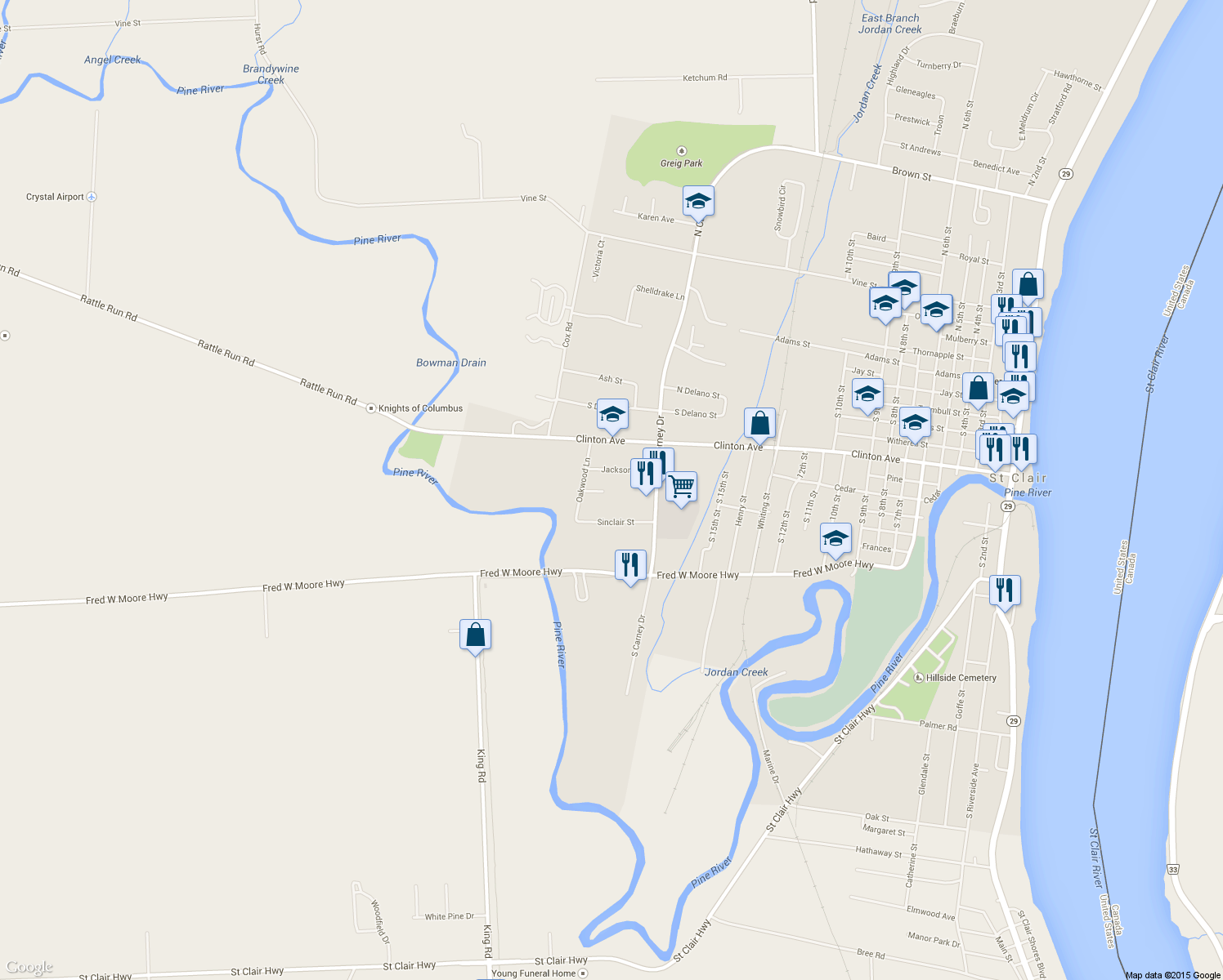 map of restaurants, bars, coffee shops, grocery stores, and more near 1916 Hugo Street in Saint Clair