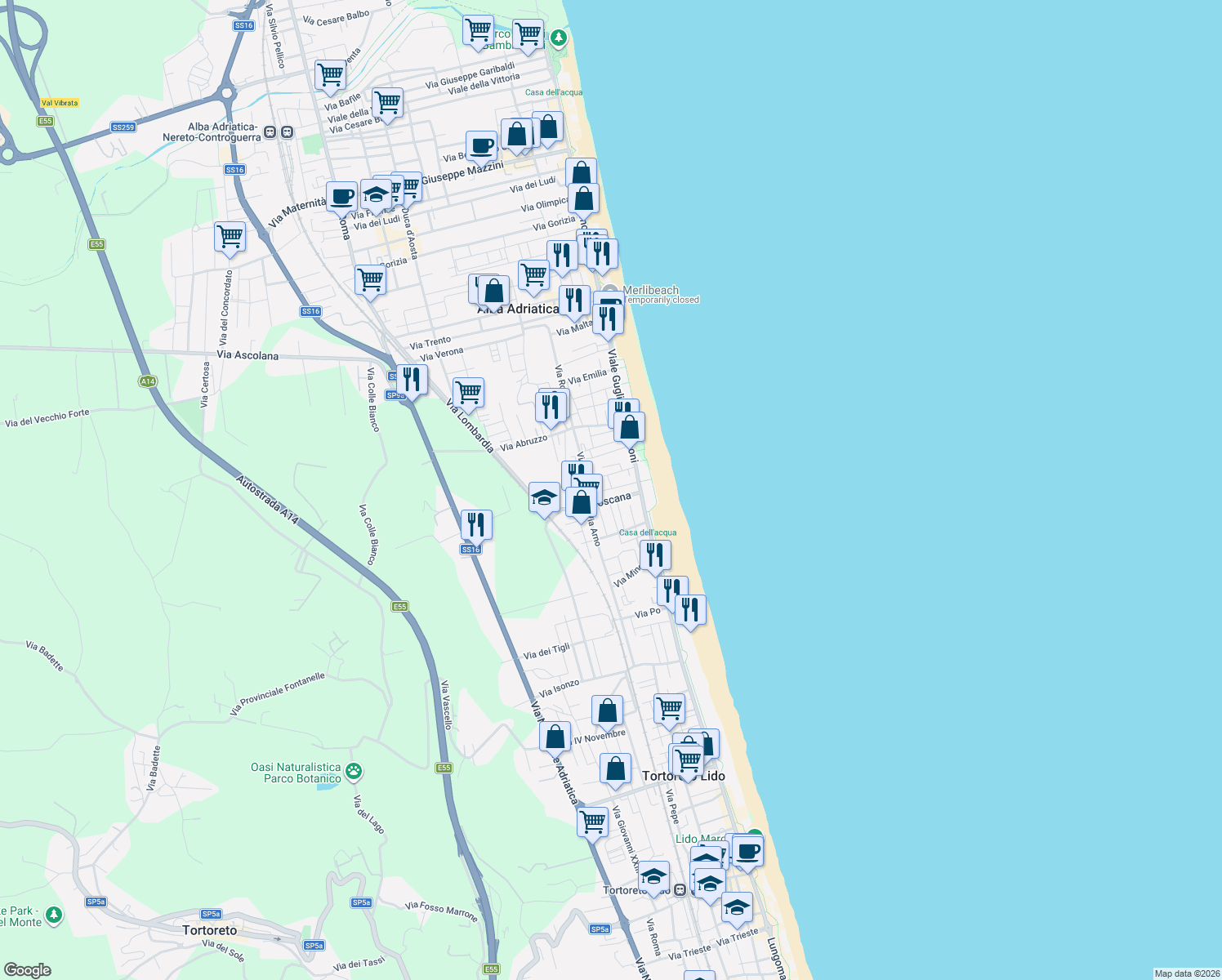 map of restaurants, bars, coffee shops, grocery stores, and more near 9 Via Umbria in Alba Adriatica