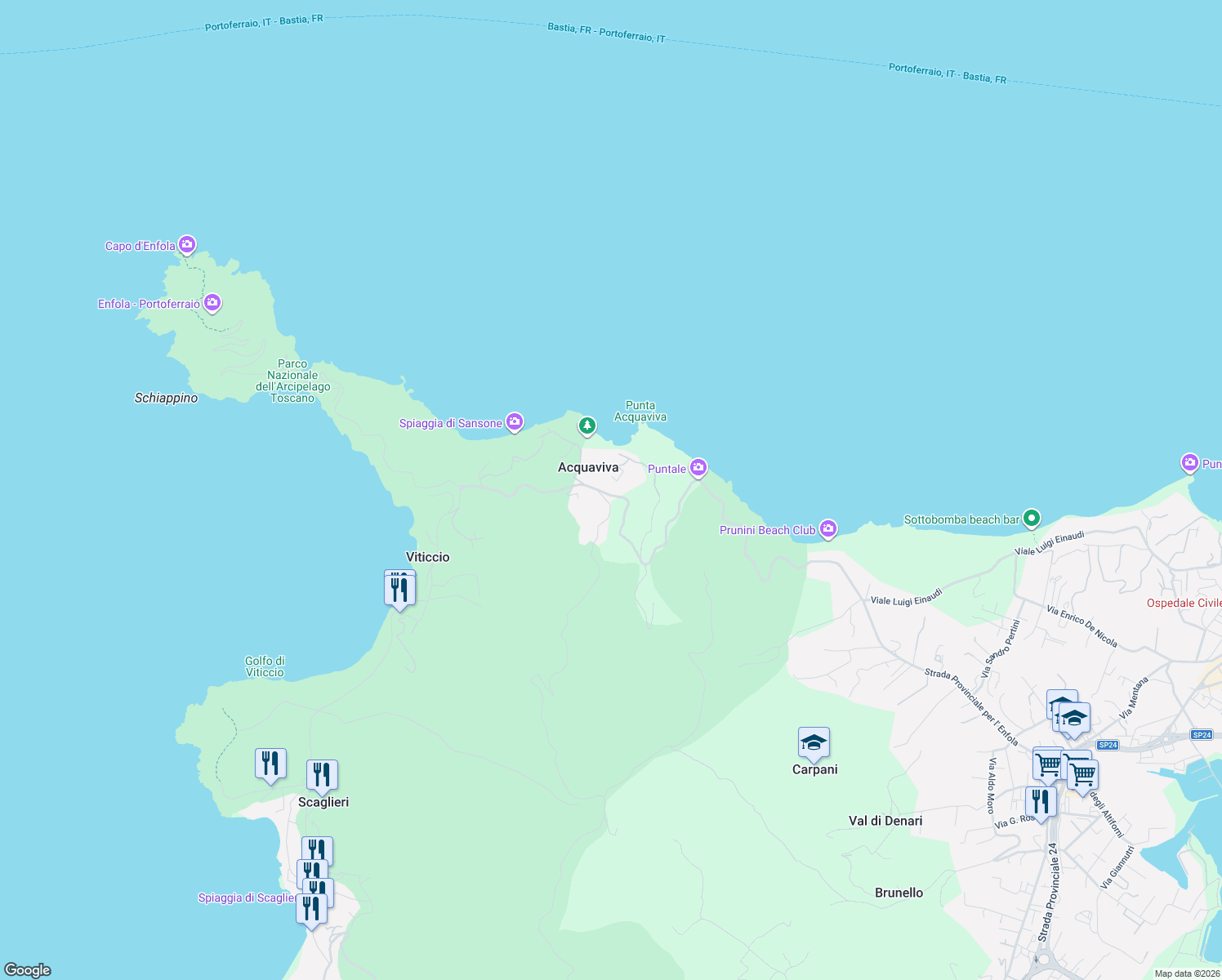 map of restaurants, bars, coffee shops, grocery stores, and more near 23 Via Ponte del Brogi Enfola Viticcio in Acquaviva