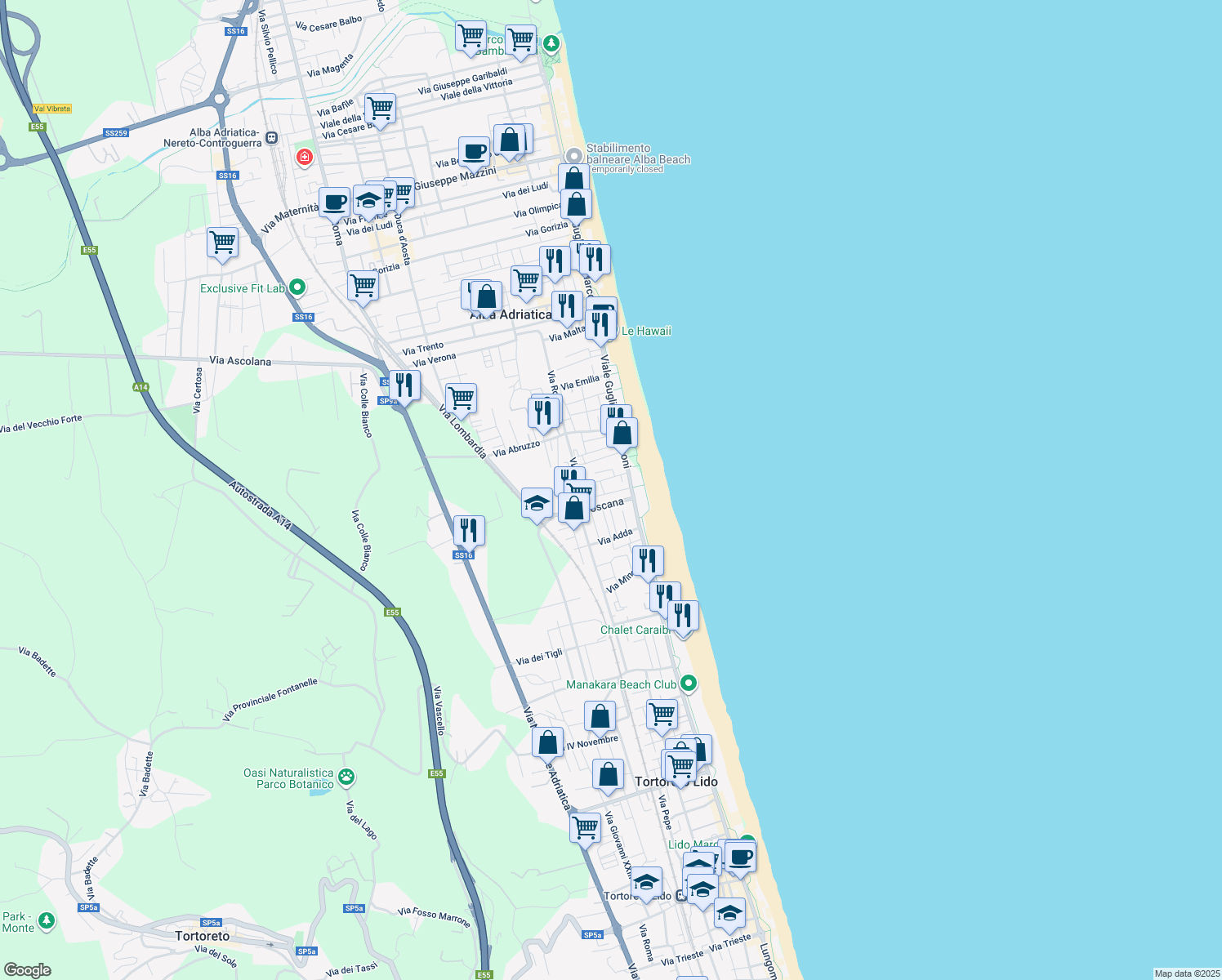 map of restaurants, bars, coffee shops, grocery stores, and more near 16 Via Toscana in Alba Adriatica