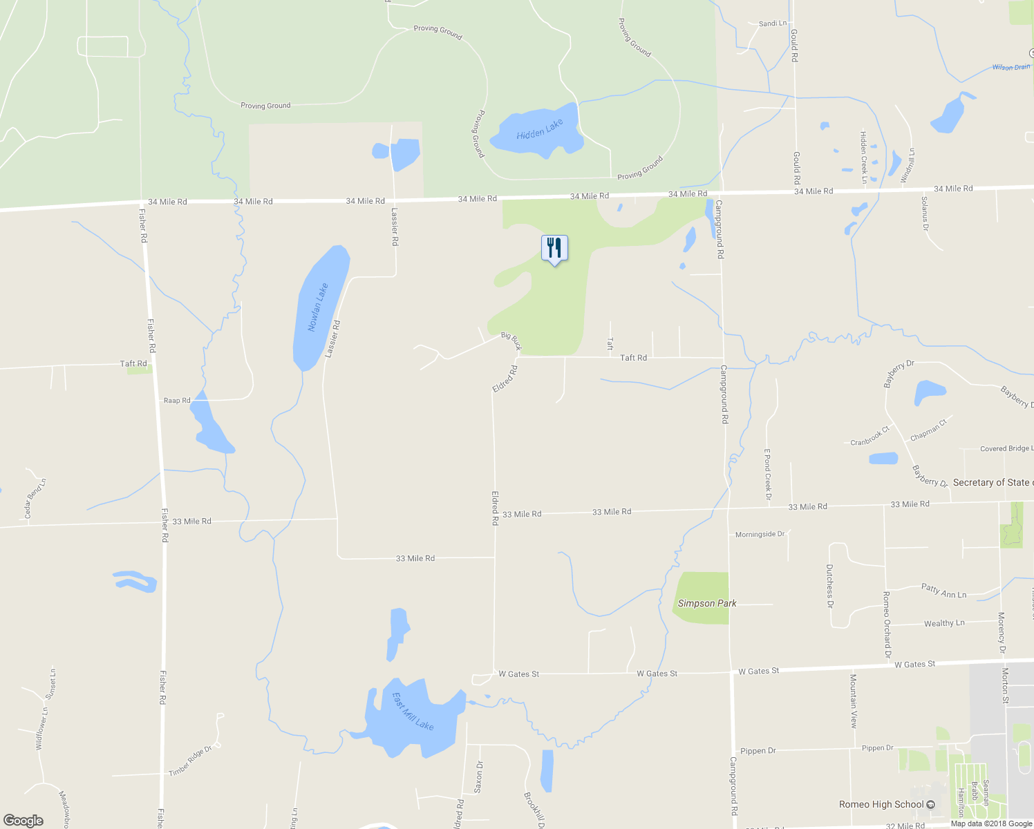 map of restaurants, bars, coffee shops, grocery stores, and more near 71650 Eldred Road in Macomb County