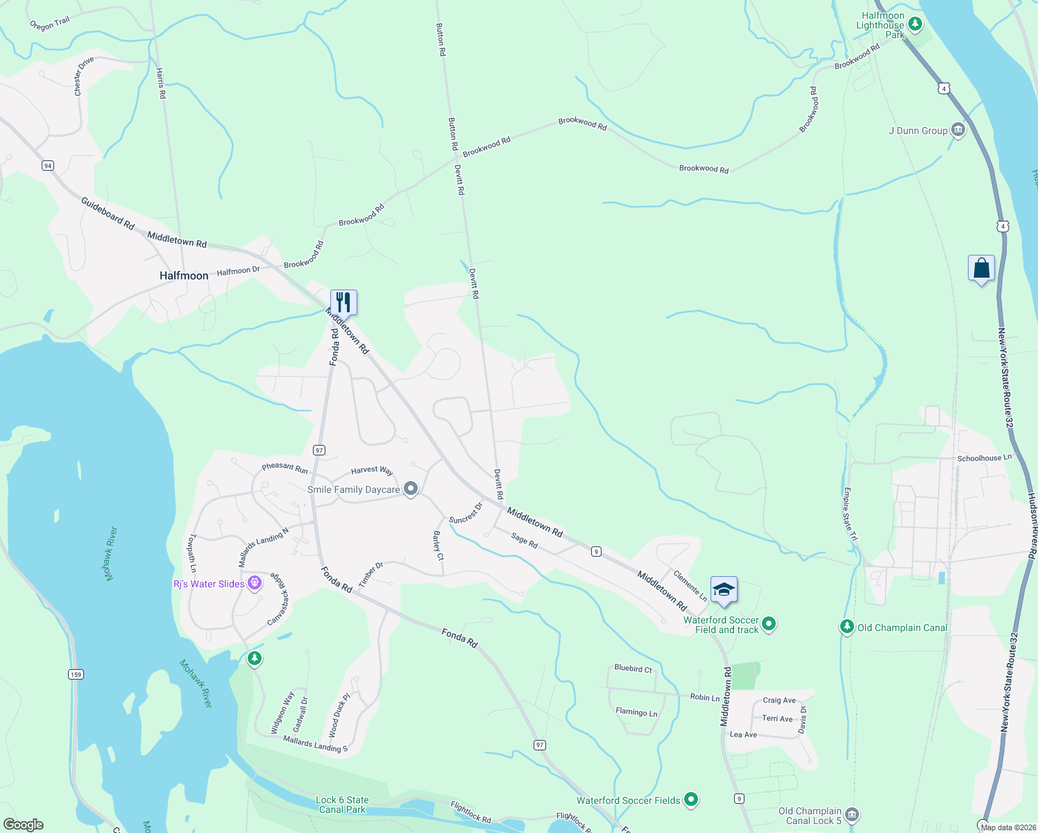 map of restaurants, bars, coffee shops, grocery stores, and more near 7 James Drive in Waterford