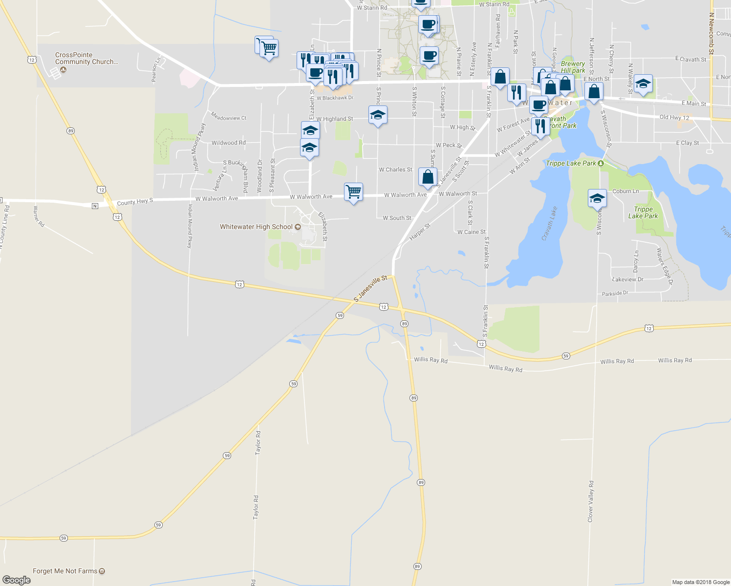 map of restaurants, bars, coffee shops, grocery stores, and more near 880 South Janesville Street in Whitewater