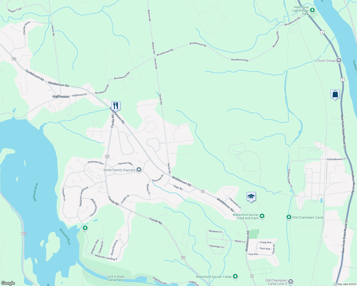 map of restaurants, bars, coffee shops, grocery stores, and more near 10 James Drive in Waterford
